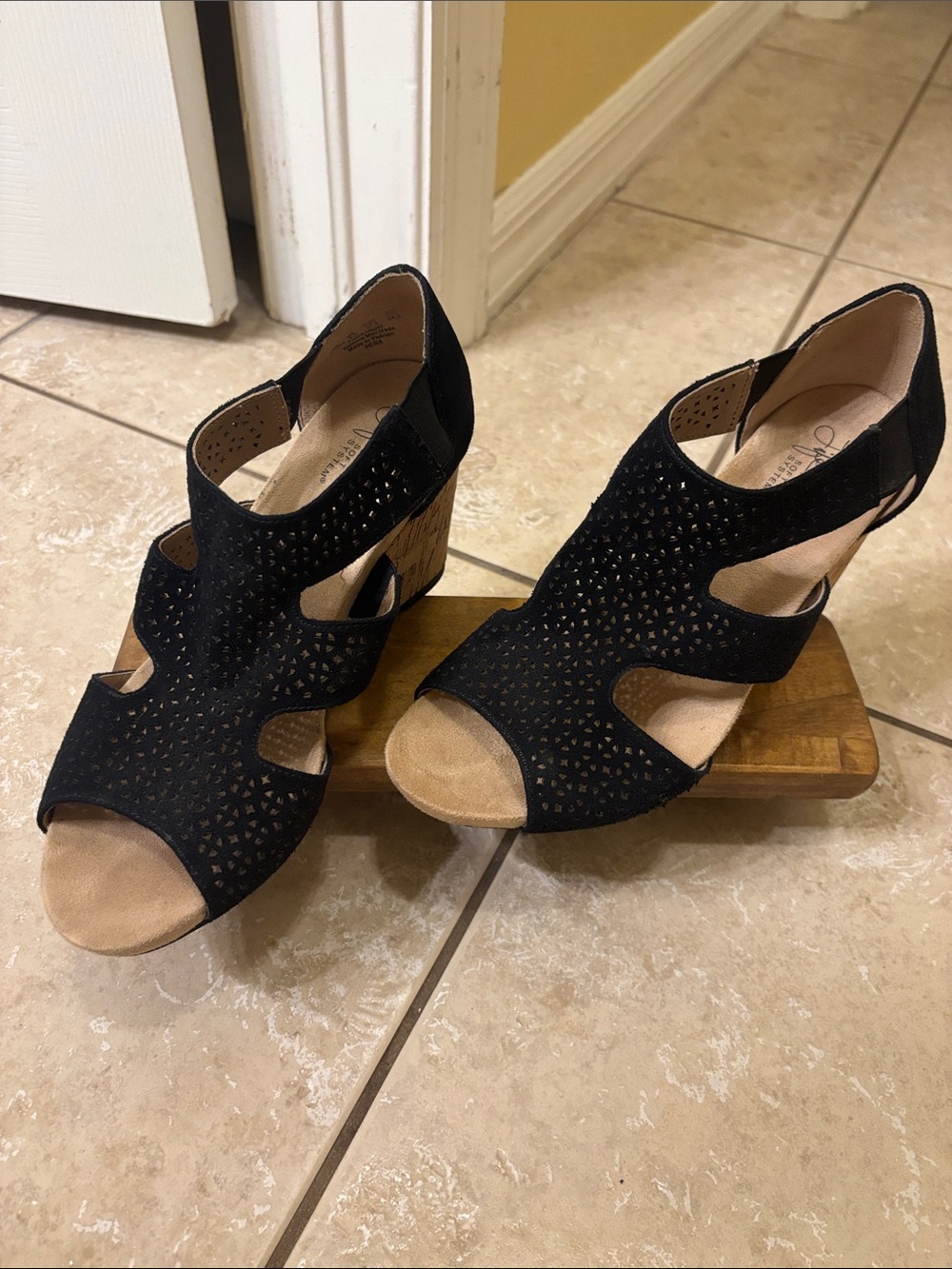 Life Stride Black Laser-Cut Peep Toe Wedge Sandals